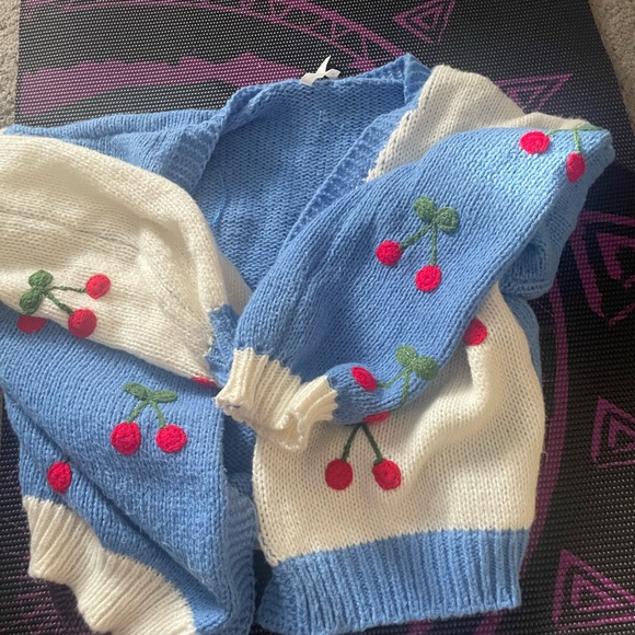 Cherry Patterned Cardigan - Blue and White - Picture 2 of 3